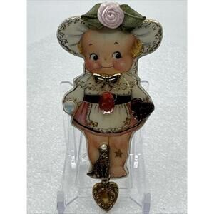 Vintage Fancy Little Girl And Kitty Cat Brooch Pin Handmade Fabric Rose 4”